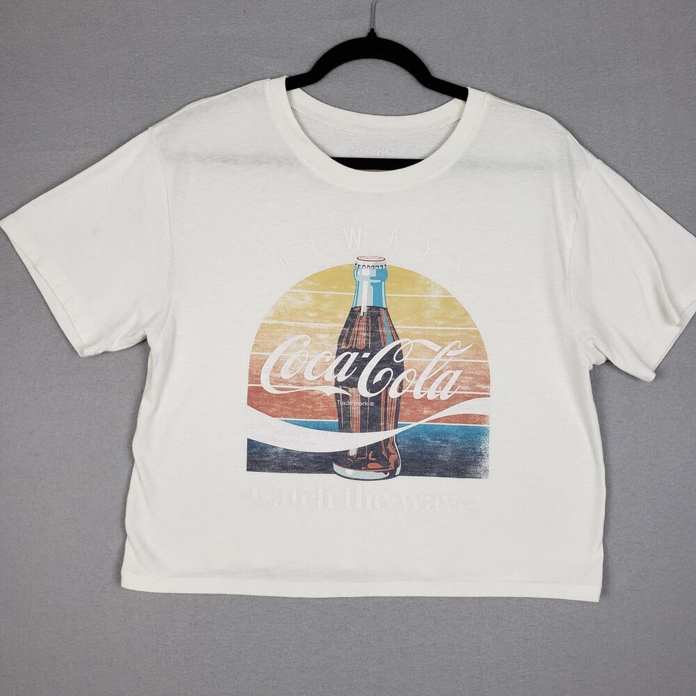 Love Tribe Womens Size XL Coca Cola Boxy Crop Tee White Burnout Retro Watercolor